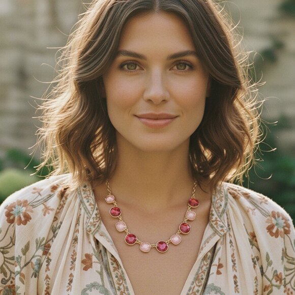 Anthropologie Faceted Glass Beaded Gem Gold Link Necklace NEW Pink Crystals - Picture 4 of 7